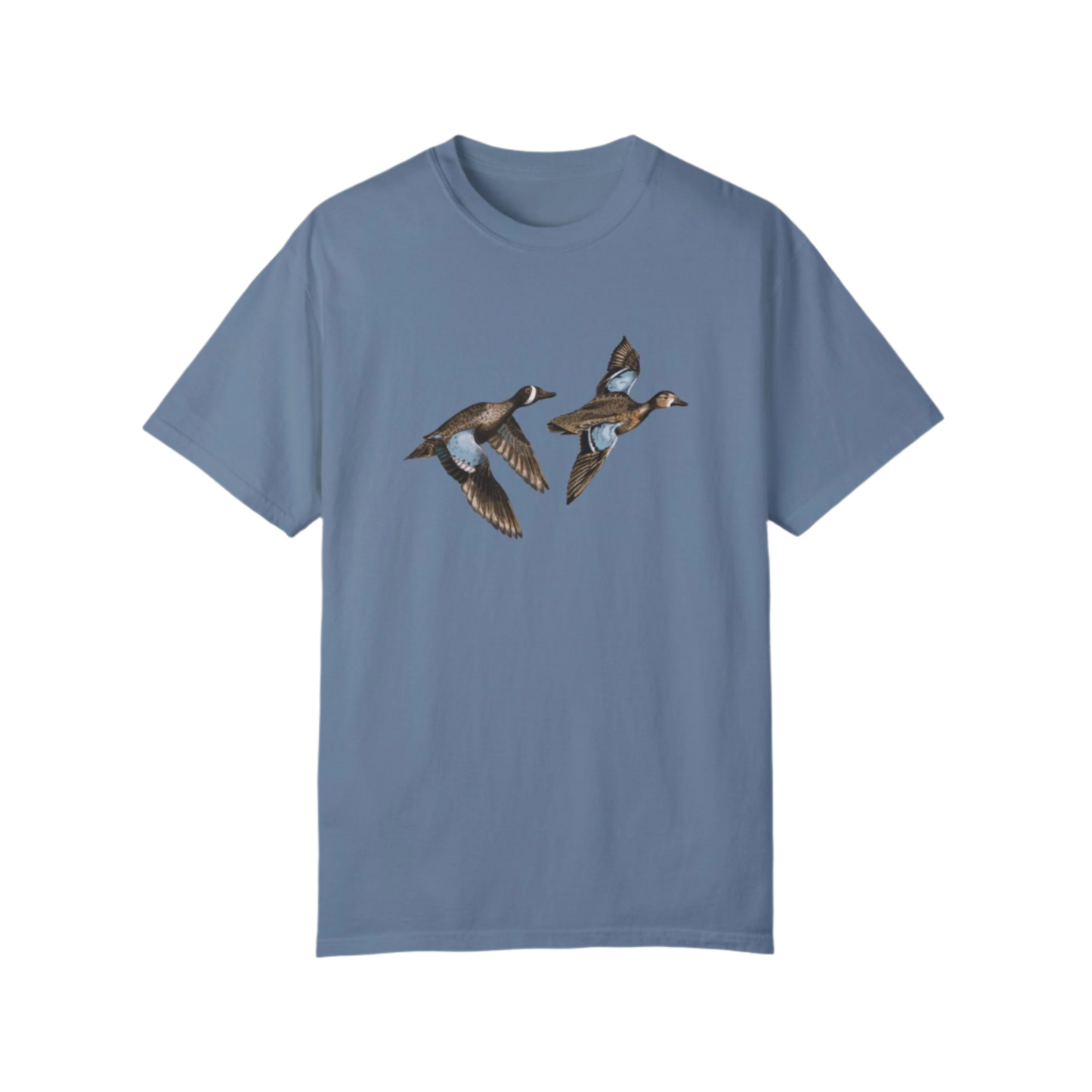 A blue-colored t-shirt featuring an illustration of two blue-winged teal birds in flight.