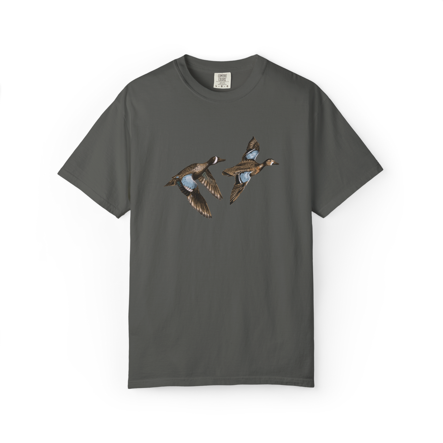 A gray-colored t-shirt featuring an illustration of two blue-winged teal birds in flight.
