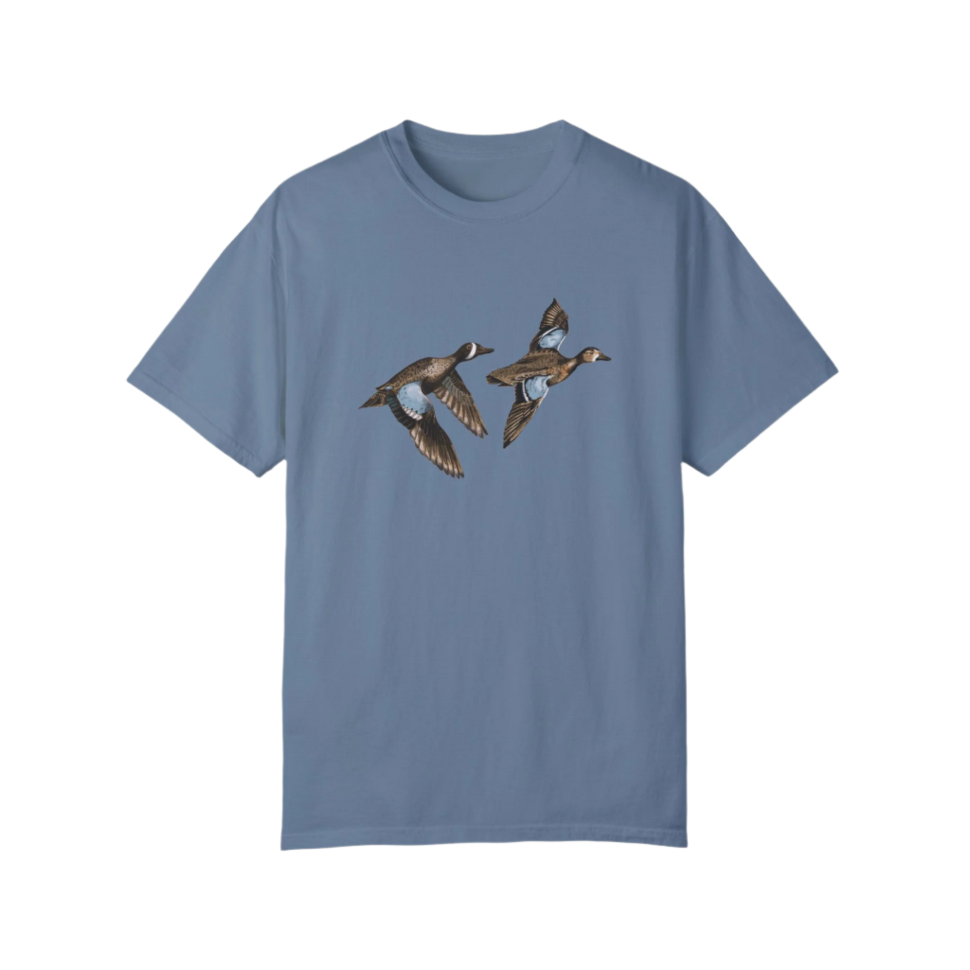 A blue-colored t-shirt featuring an illustration of two blue-winged teal birds in flight.